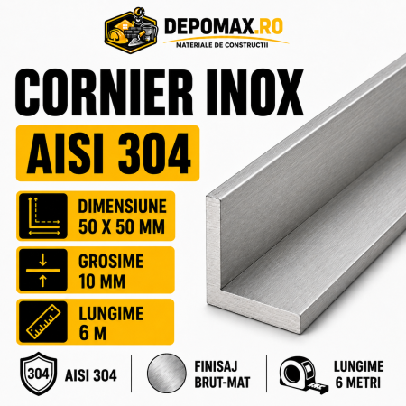 Cornier inox AISI 304, 50 x 50 x 10 mm, 6 metri